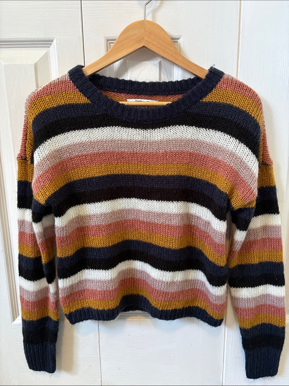 O'Neill Striped Crewneck Sweater in Mustard, Pink & Navy